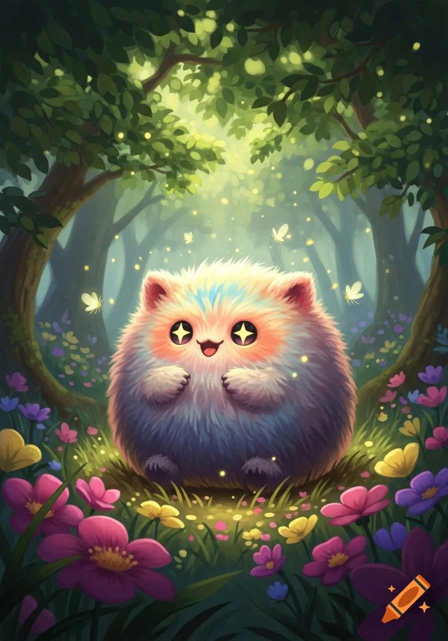 A fluffy, round, multi-colored creature with sparkling eyes smiles in a magical forest clearing with flowers and fireflies.