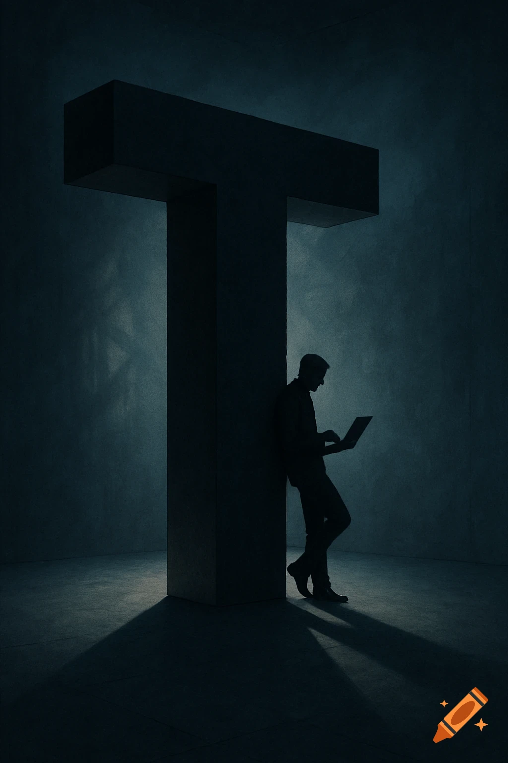 Silhouette of a person leaning against a large 3D letter T, looking at a laptop in a dark, moody setting.