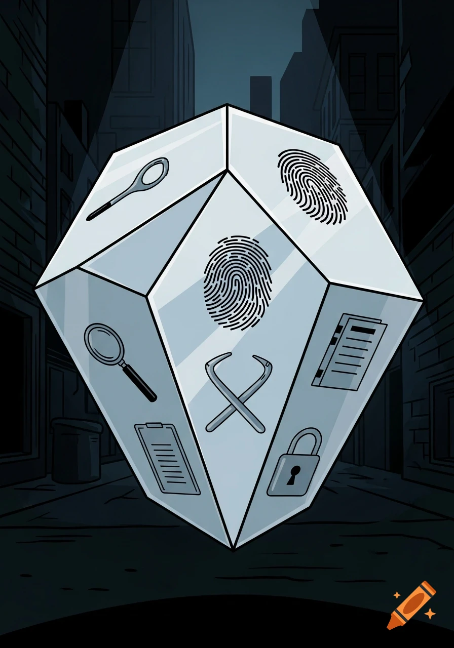 A multi-faceted crystal with spy icons like fingerprints, magnifying glass, and a padlock, floats in a dark city alley. Graphic novel style.