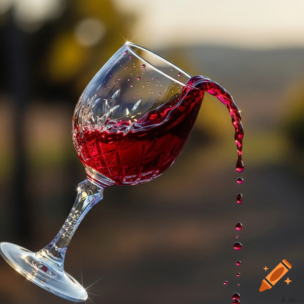Photorealistic close-up of a tilted crystal wine glass overflowing with red wine that cascades and drips, against a blurred outdoor background.