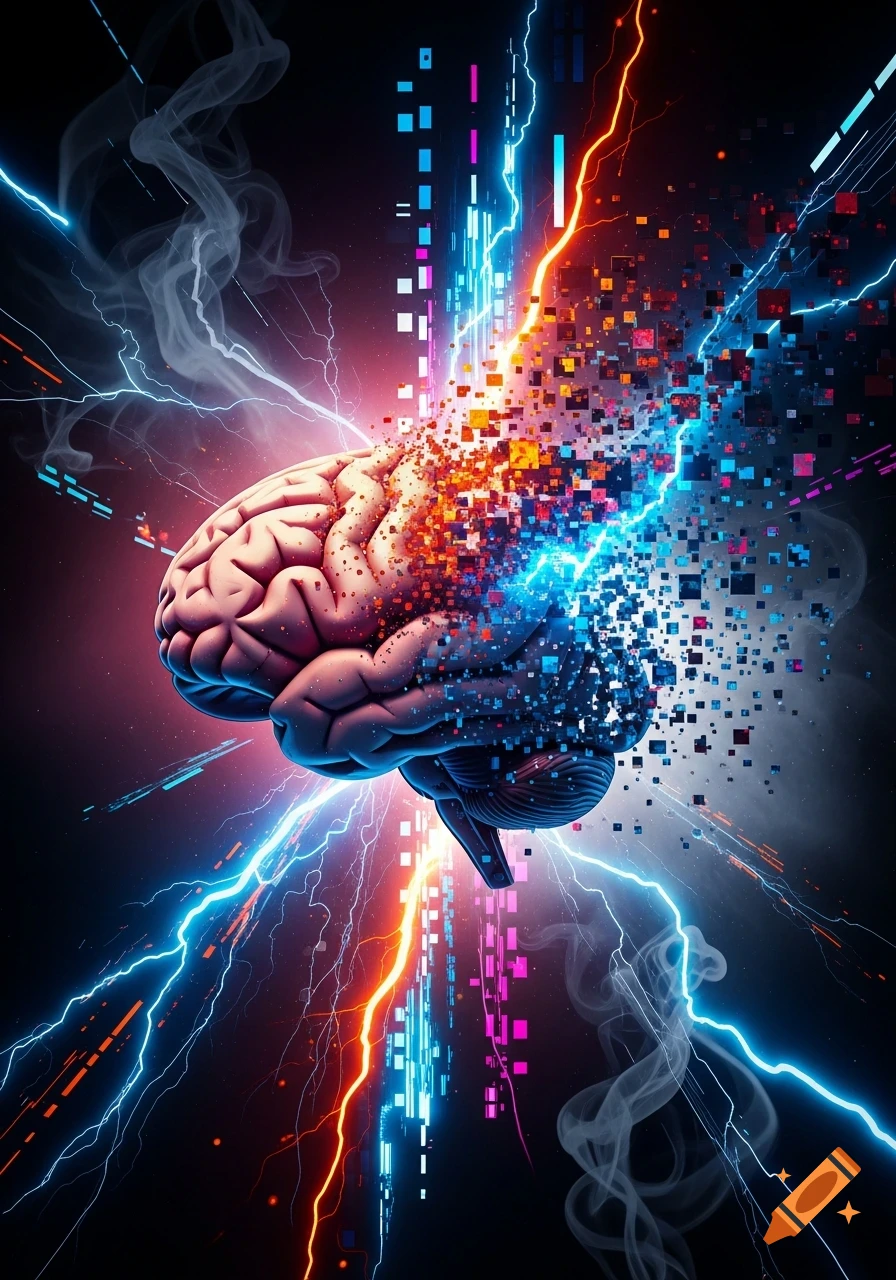 A human brain dissolving into colorful digital pixels, surrounded by vibrant blue and orange lightning and smoke.