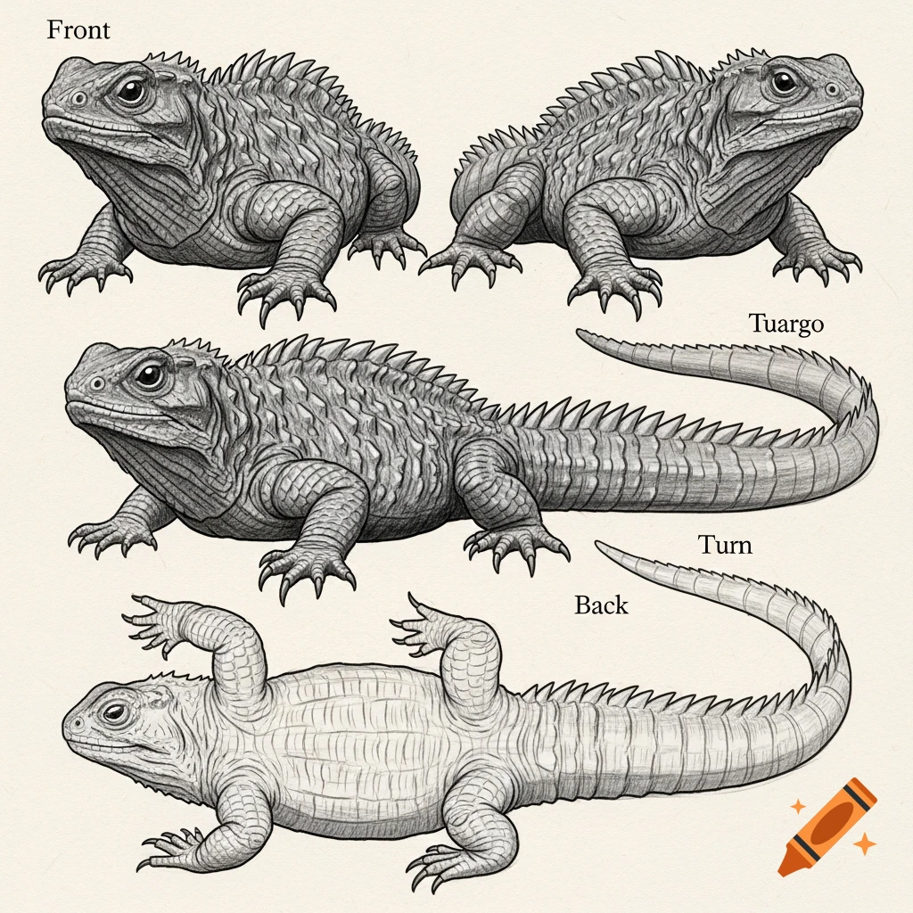 Detailed pencil sketches of a tuatara lizard from multiple angles, including front, side, and underside views.