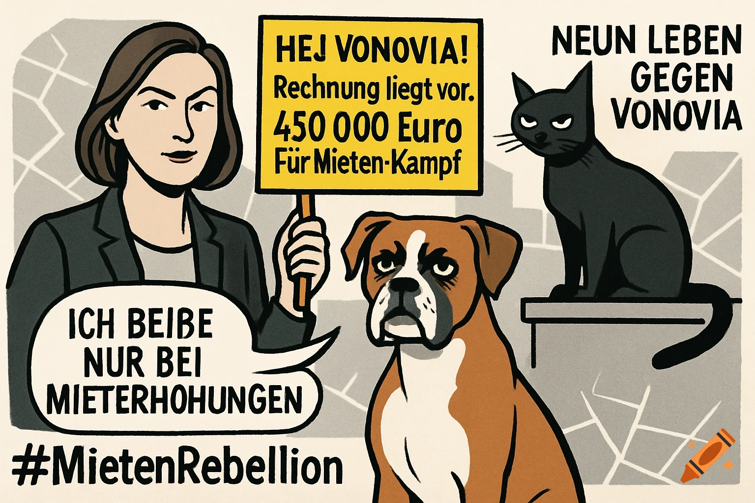 A political cartoon showing a woman holding a sign, a boxer dog with a speech bubble, and a black cat, all with text about rent and Vonovia. A city map is in the background.