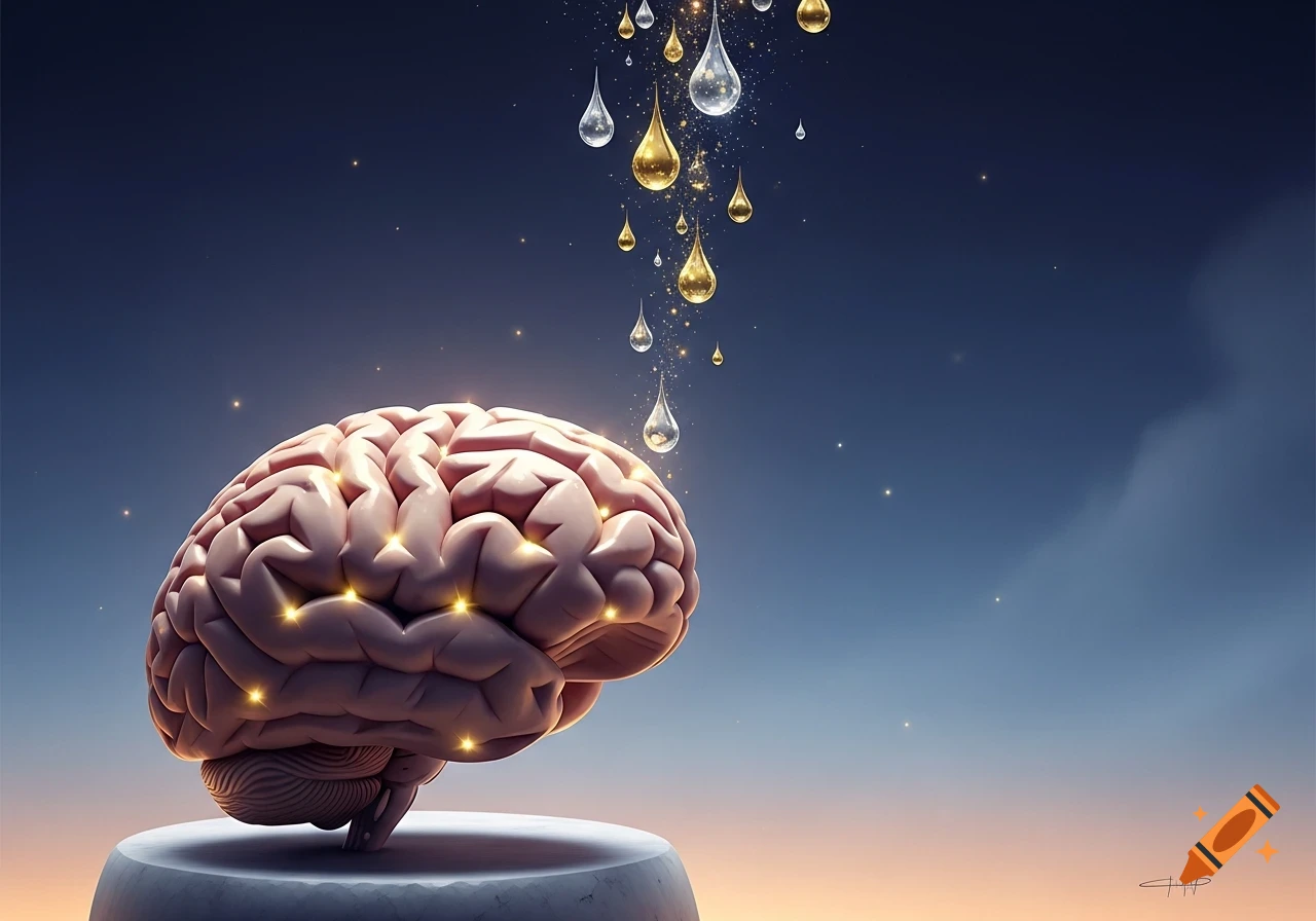 A detailed, realistic brain with glowing points on its surface, bathed in light, with golden and clear liquid drops falling towards it from a gradient blue-orange sky.
