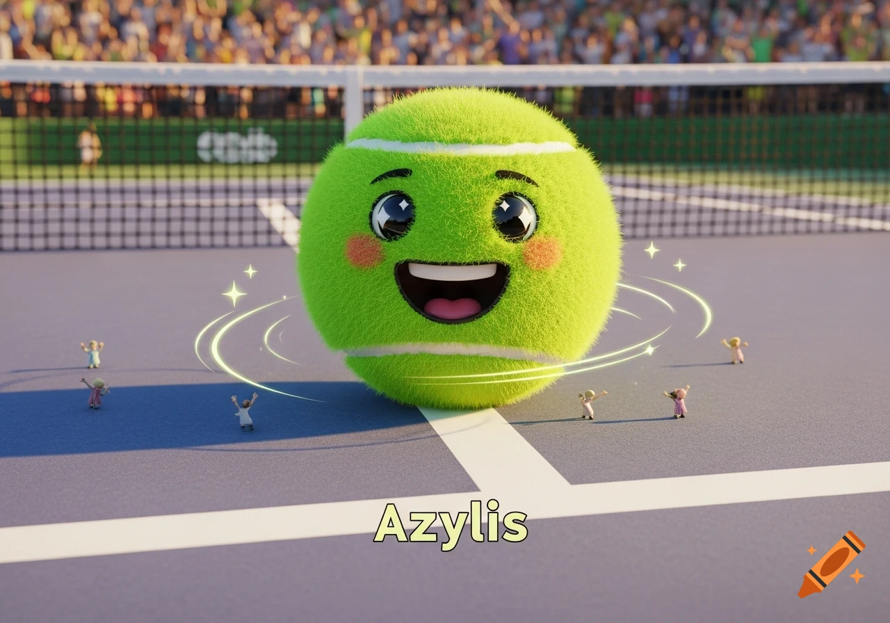A cute, smiling green tennis ball with rosy cheeks and sparkling eyes stands on a tennis court, surrounded by tiny figures.