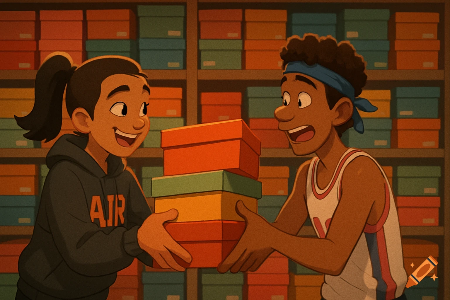 A stylized cartoon of a girl handing colorful shoeboxes to a boy in a sneaker stockroom, both smiling.
