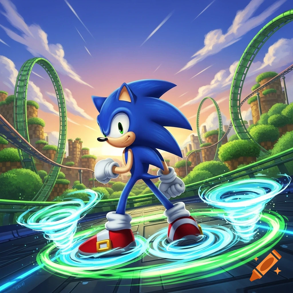 Sonic the Hedgehog on hover rings, in a vibrant, stylized Green Hill Zone-like landscape with roller coaster tracks.