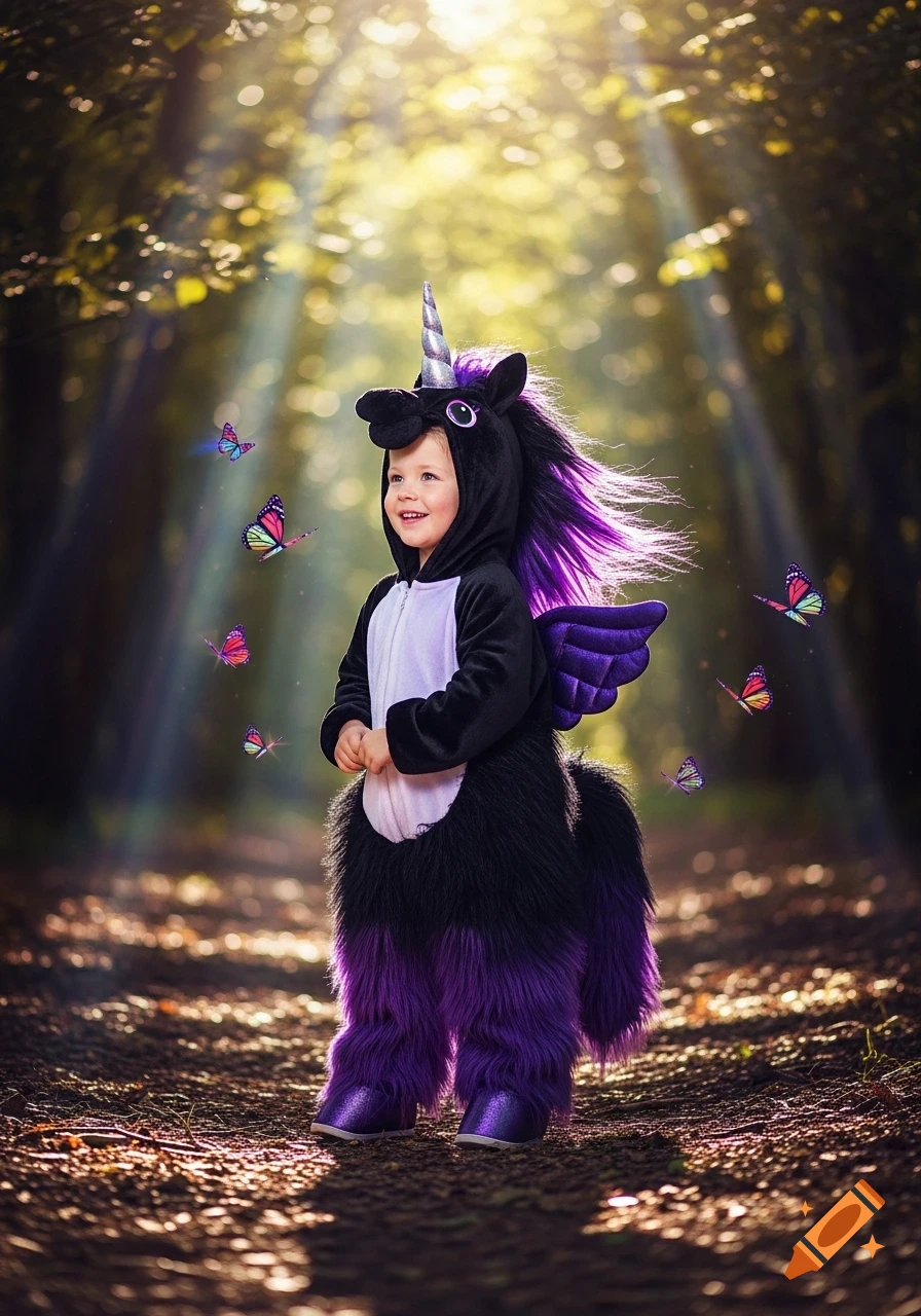 A smiling child in a black and purple unicorn costume with wings stands in a sunny forest with glowing butterflies.