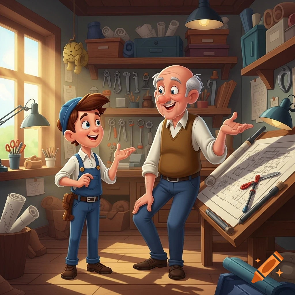 A cartoon of a smiling boy and an older man chatting in a sunlit workshop filled with tools and blueprints.