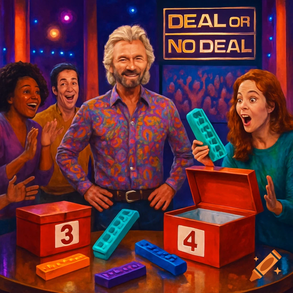 A man resembling Noel Edmonds hosts "Deal or No Deal" with excited contestants and colorful rectangular objects on a table.