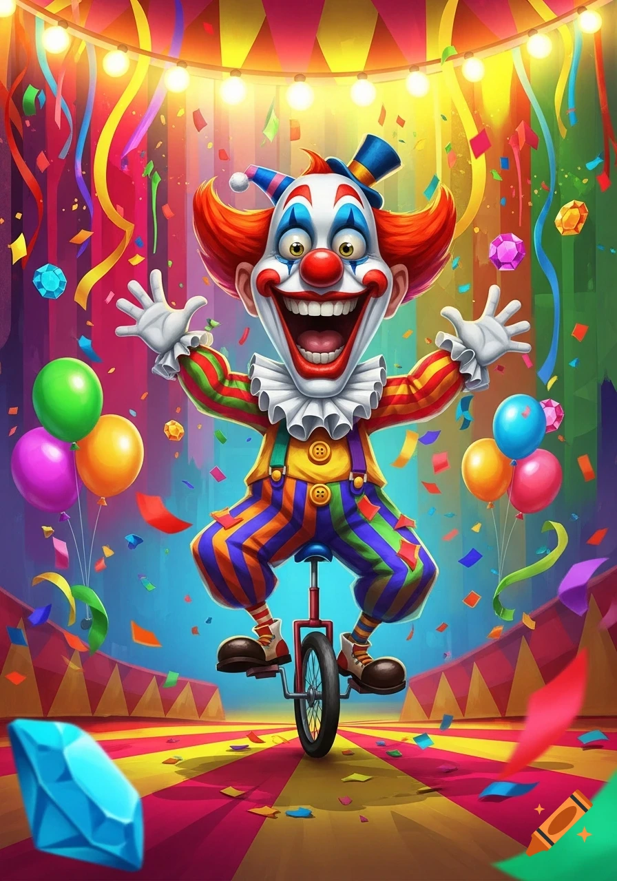 A happy clown with red hair and a big smile rides a unicycle in a vibrant circus tent filled with confetti and balloons.