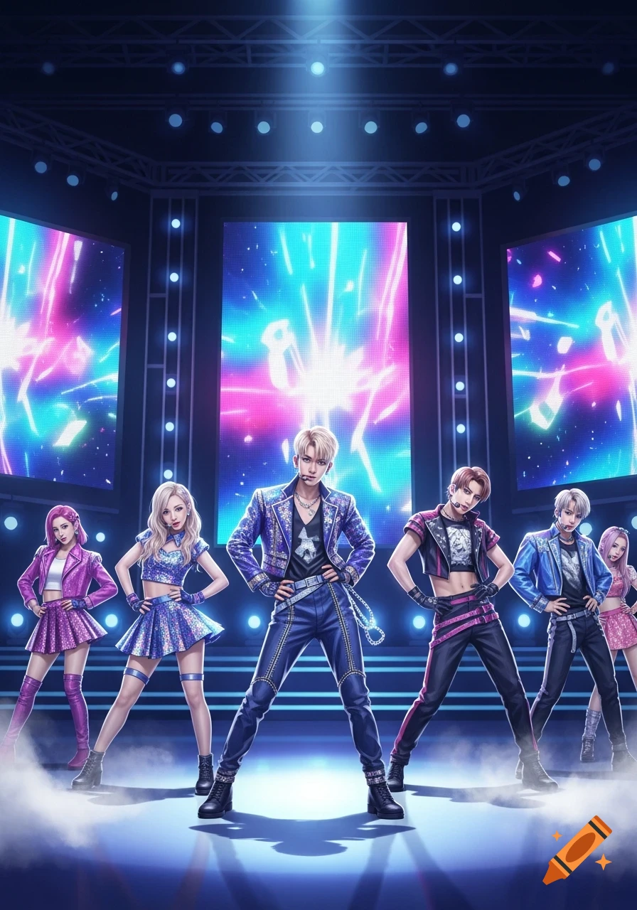 An anime-style K-pop group of six members in sparkly outfits performs on a stage with bright, colorful LED screens.