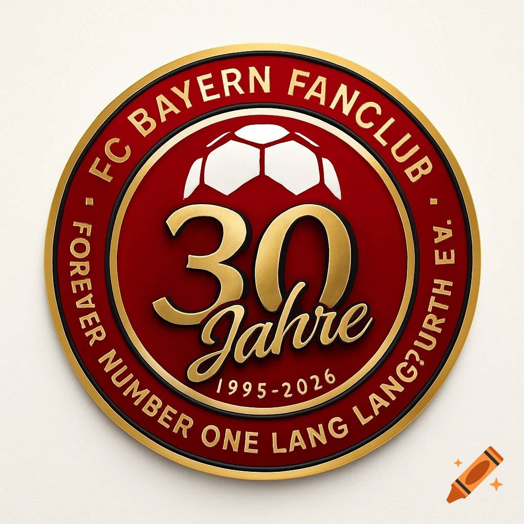 Gold and red circular 30th-anniversary logo for FC Bayern Fanclub, featuring a soccer ball and dates 1995-2026.