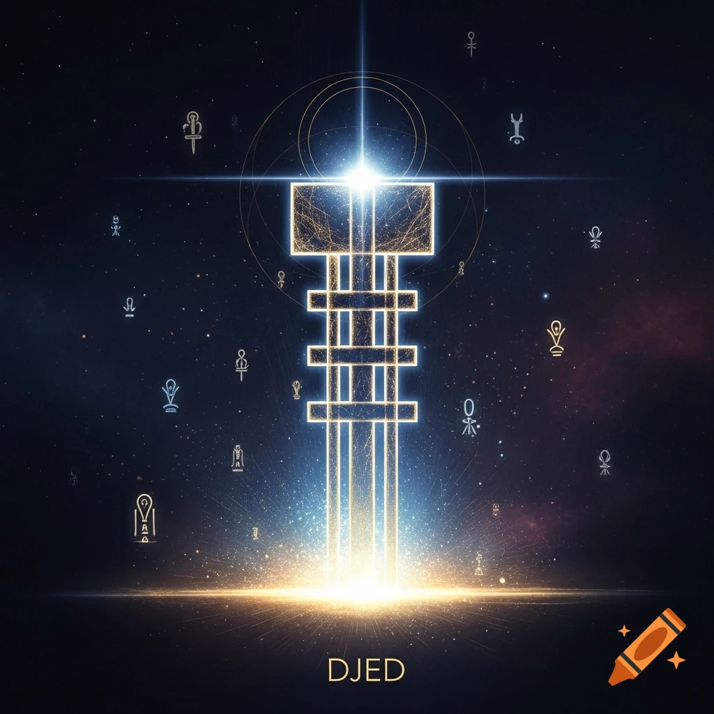 A glowing, stylized Djed column with blue and gold aura against a dark cosmic background featuring Egyptian symbols. Text "DJED" below.