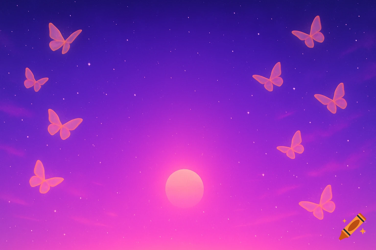 A neon dreamscape with a purple-to-pink gradient sky, a soft glowing sun, subtle orange butterflies, and faint sparkles.