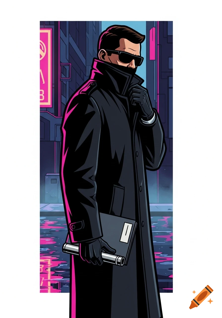 Stylized graphic novel art of a man in a trench coat and sunglasses holding a dossier in a neon-lit city street.