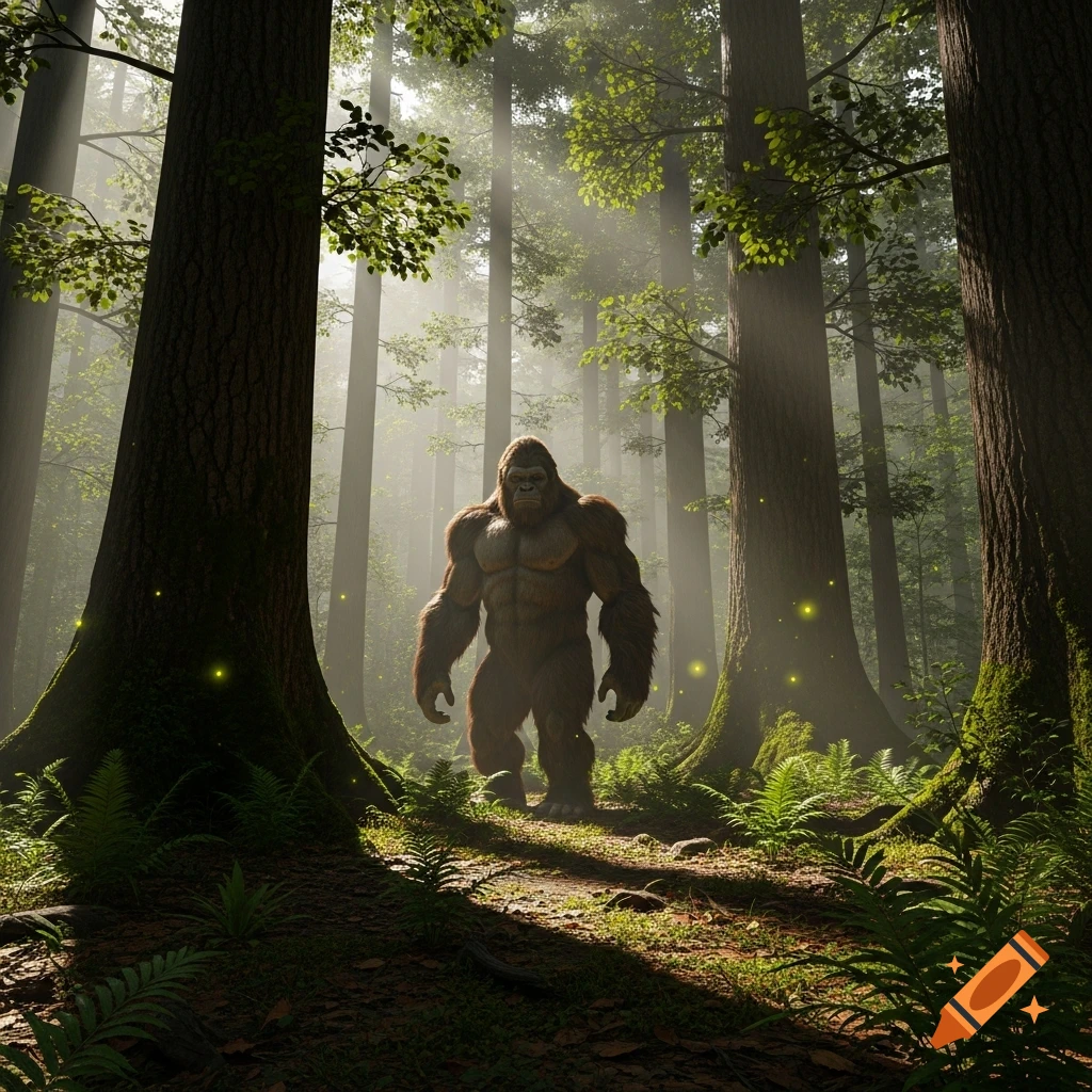 A large, muscular Bigfoot stands prominently in a misty, sunlit forest, surrounded by tall trees and ferns.