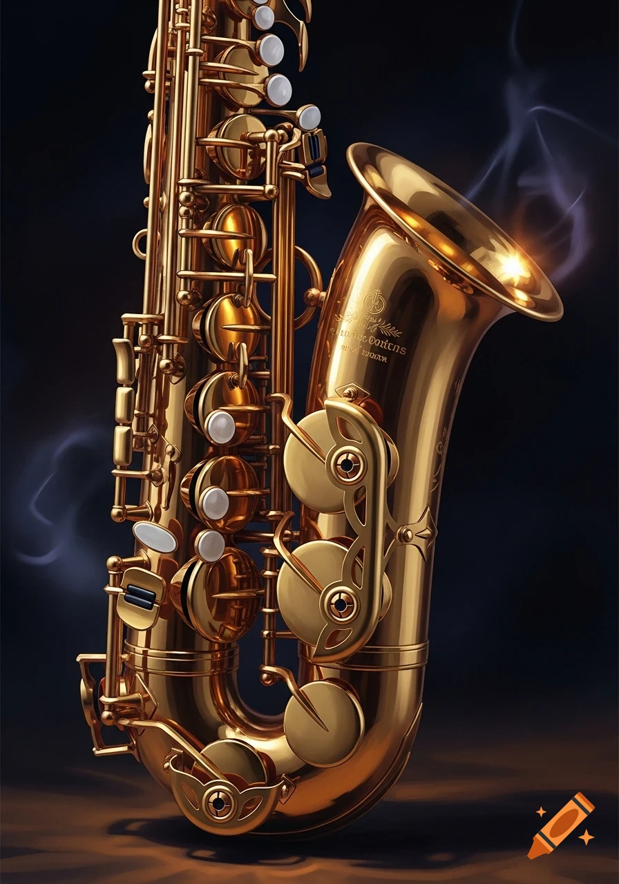 A shiny golden saxophone stands against a dark background, with wisps of smoke in the air, viewed from the left.