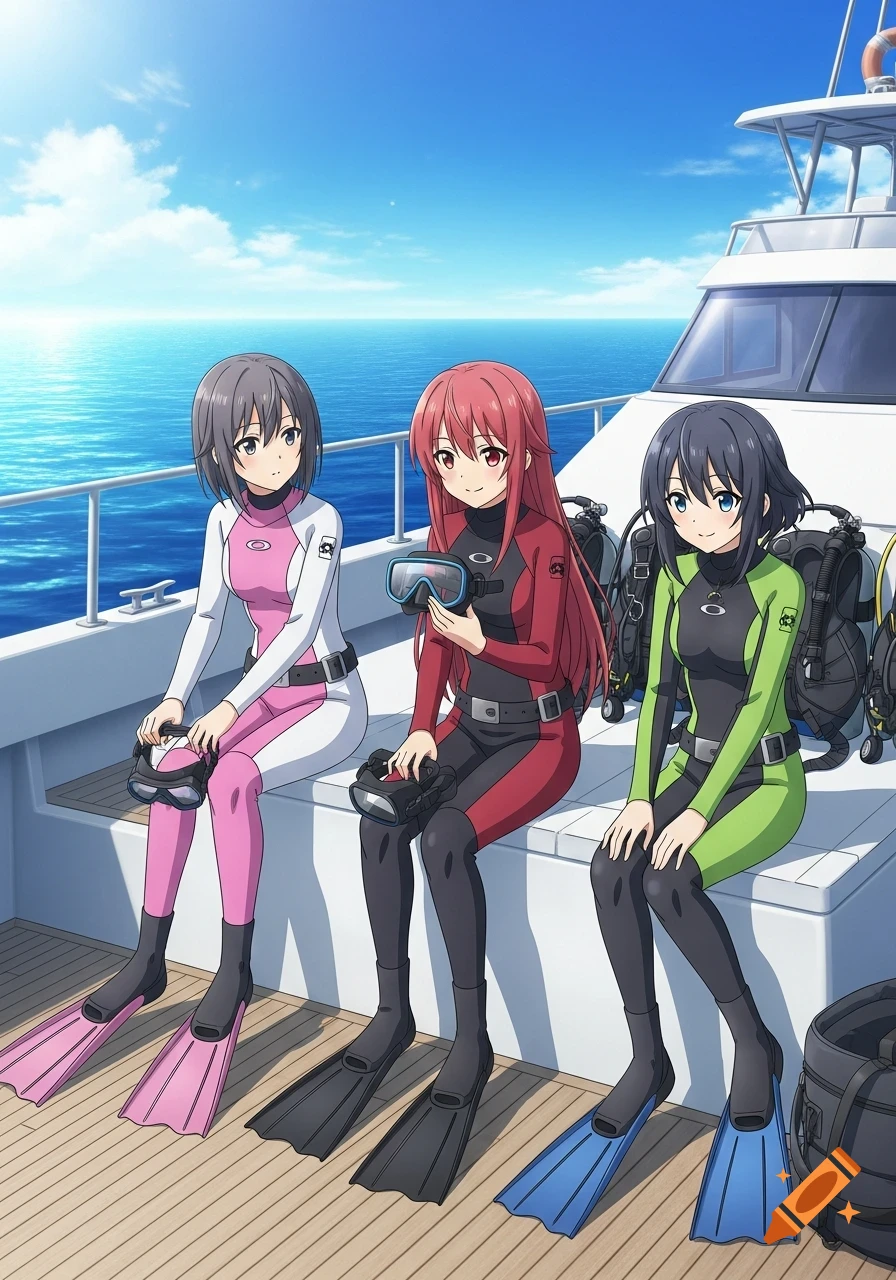Three anime girls in colorful wetsuits and fins sit on a boat deck with scuba gear, preparing for a dive against a clear blue ocean and sky.