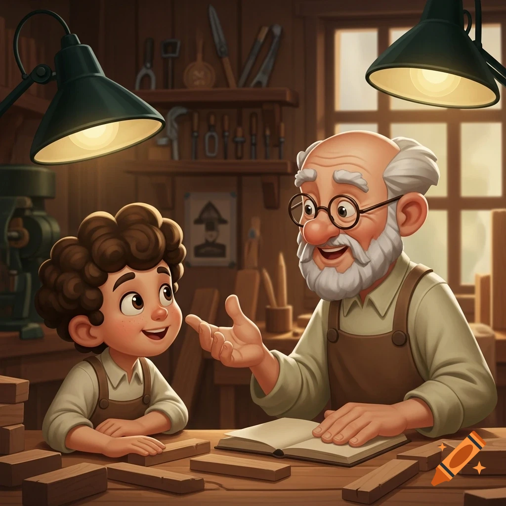 Happy cartoon apprentice and older mentor chat at a wooden workbench with wood blocks and an open book in a warm workshop.