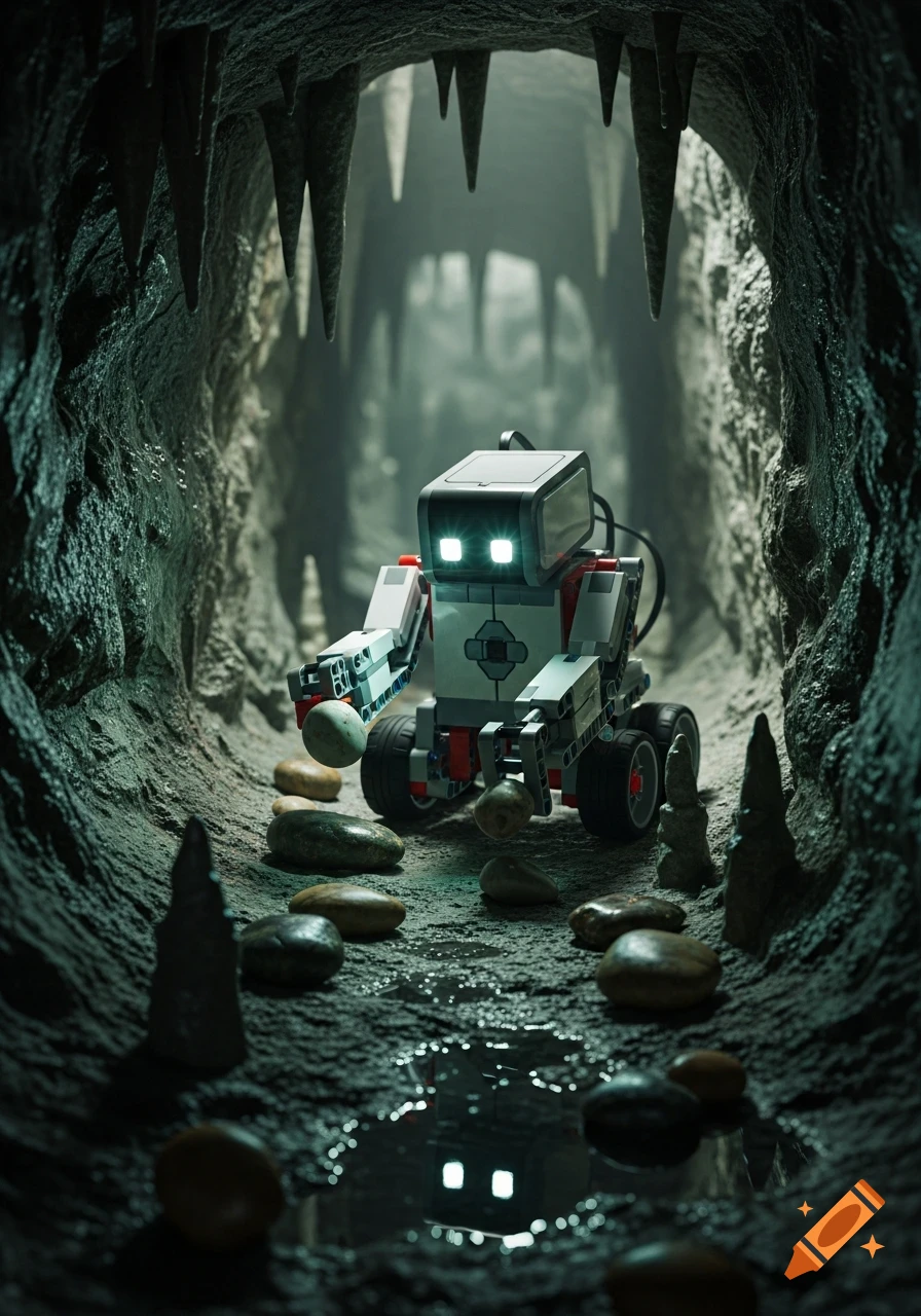 A small Lego-style robot with glowing eyes gathers pebbles in a dimly lit, rocky cave with stalactites and puddles.