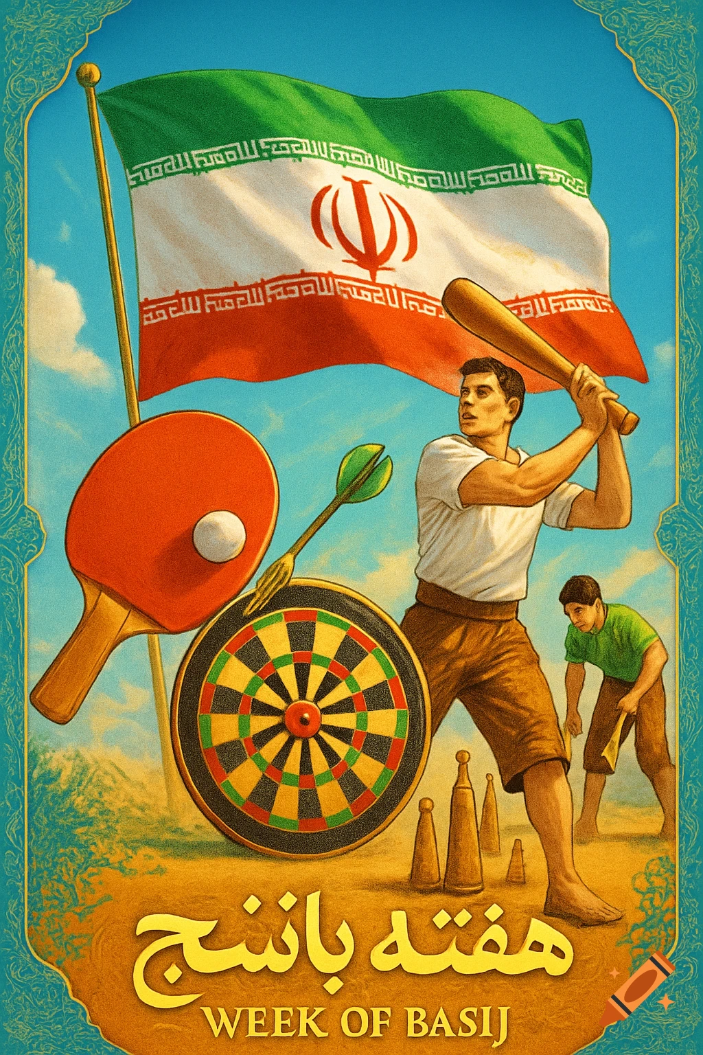 An illustration of a poster for Basij Week, featuring the Iranian flag, a man holding a baseball bat, a dartboard, a table tennis paddle, and skittles in a stylized outdoor setting.