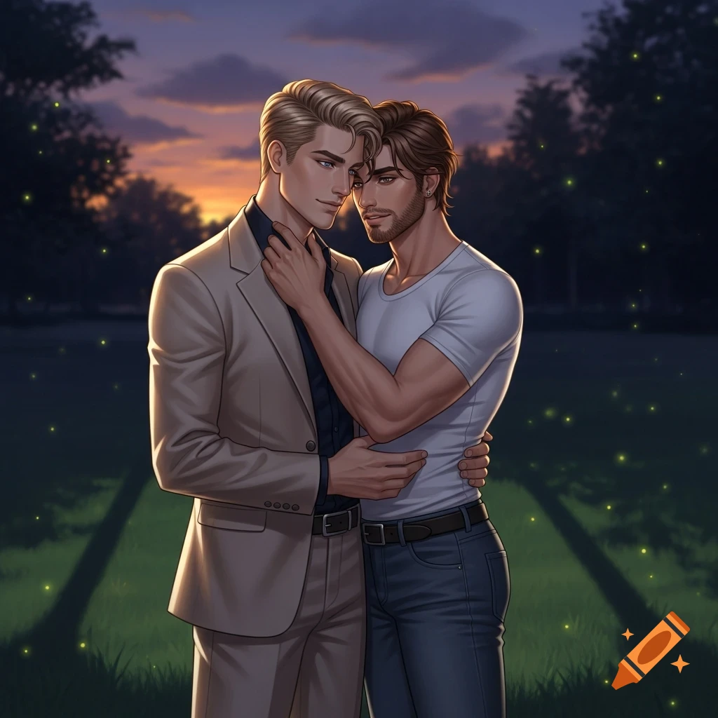 Two men in a stylized illustration, one in a beige suit and the other in a white tee, embrace in a field at sunset.