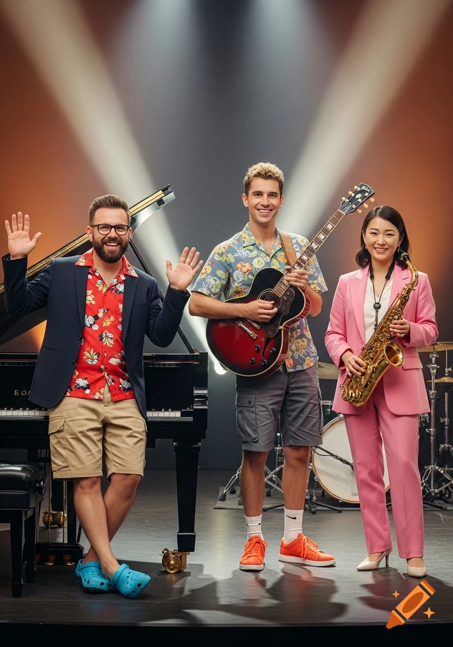 A male pianist, a male guitarist, and a female saxophonist pose on a stage with their instruments.