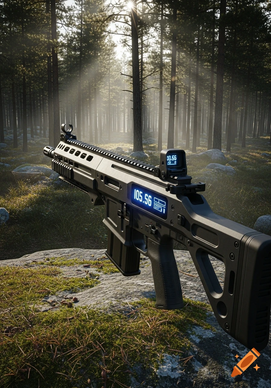 Photorealistic bullpup rifle with a glowing digital ammo counter resting on a rock in a sun-dappled forest.