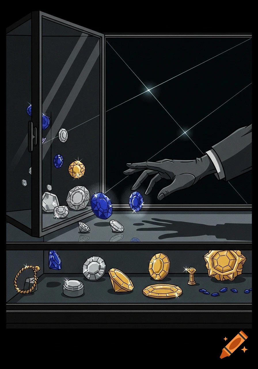 A gloved hand reaches into an open display case, scattering various jewels, in a stylized graphic novel art style.