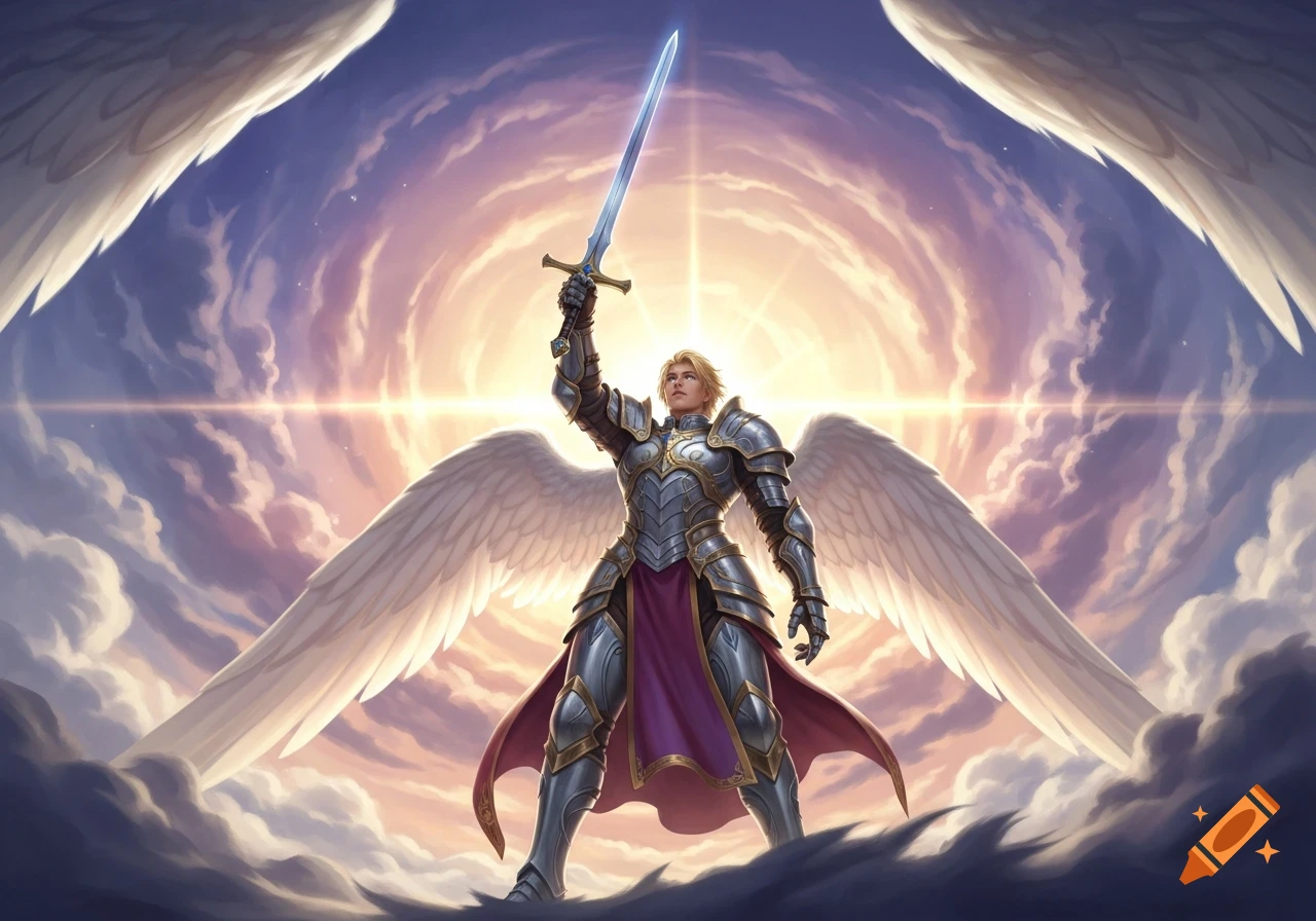 A blonde male angel in shining silver and gold armor raises a glowing sword skyward, standing among clouds with bright sun rays behind him.