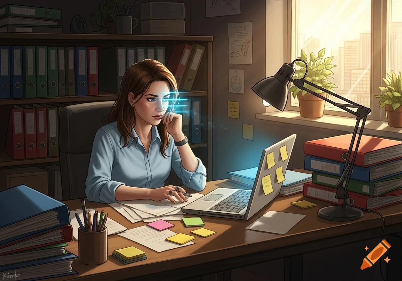 A woman intently working at a cluttered office desk with a laptop, files, and a city view outside the window, in a digital art style.