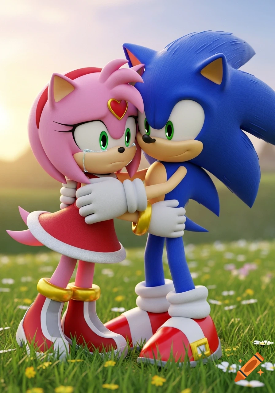 3D animated image of Sonic the Hedgehog hugging and comforting a crying Amy Rose in a grassy field at sunset.