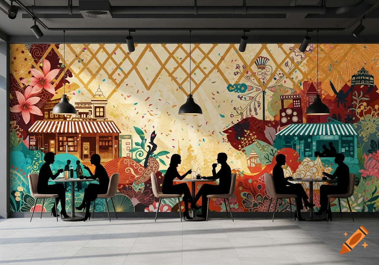 Cafe interior with a vibrant, colorful wall mural featuring silhouette figures dining at tables amidst storefronts and floral motifs.