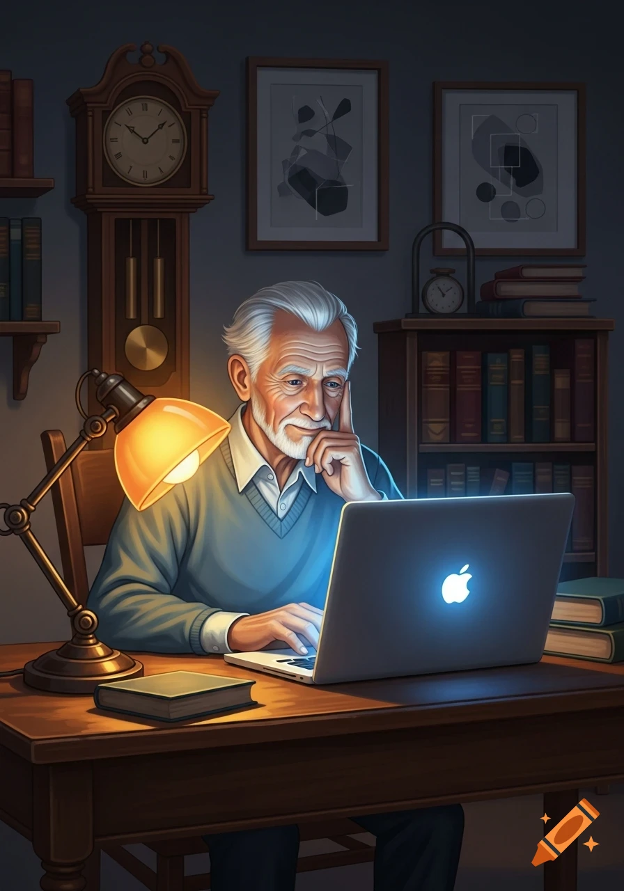 An old man with white hair and a beard sits at a wooden desk, focused on a glowing laptop. A desk lamp illuminates the scene, with bookshelves and a grandfather clock in the background.