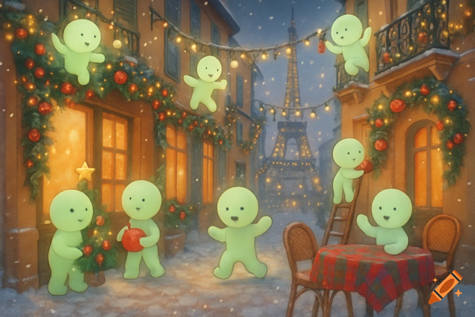 Cute glowing green figures decorate a snow-covered Parisian street with Christmas lights and the Eiffel Tower in the background.