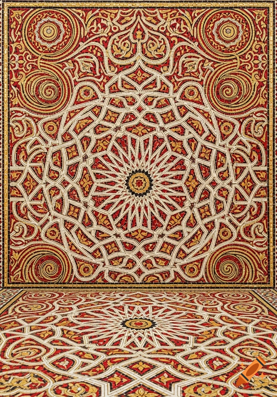 Intricate red, white, and gold arabesque mosaic pattern on a wall and floor.