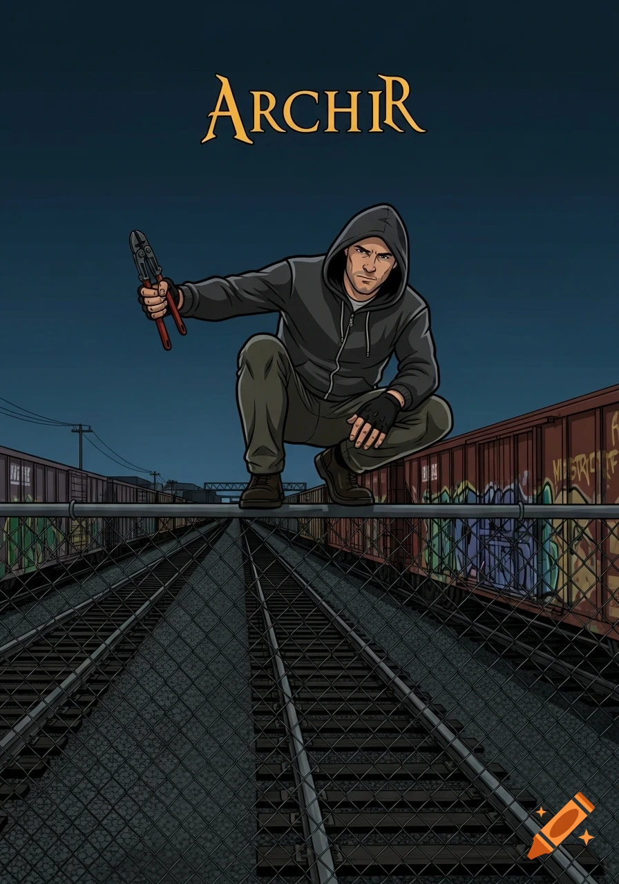 Man in a hoodie and gloves crouched on a chain-link fence holding bolt cutters, overlooking train tracks and graffiti-covered freight cars at night, in a graphic novel style.