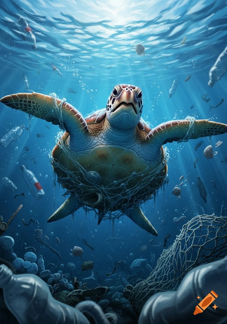 A sea turtle caught in a fishing net, surrounded by plastic bottles and debris in a polluted ocean. Realistic digital painting.