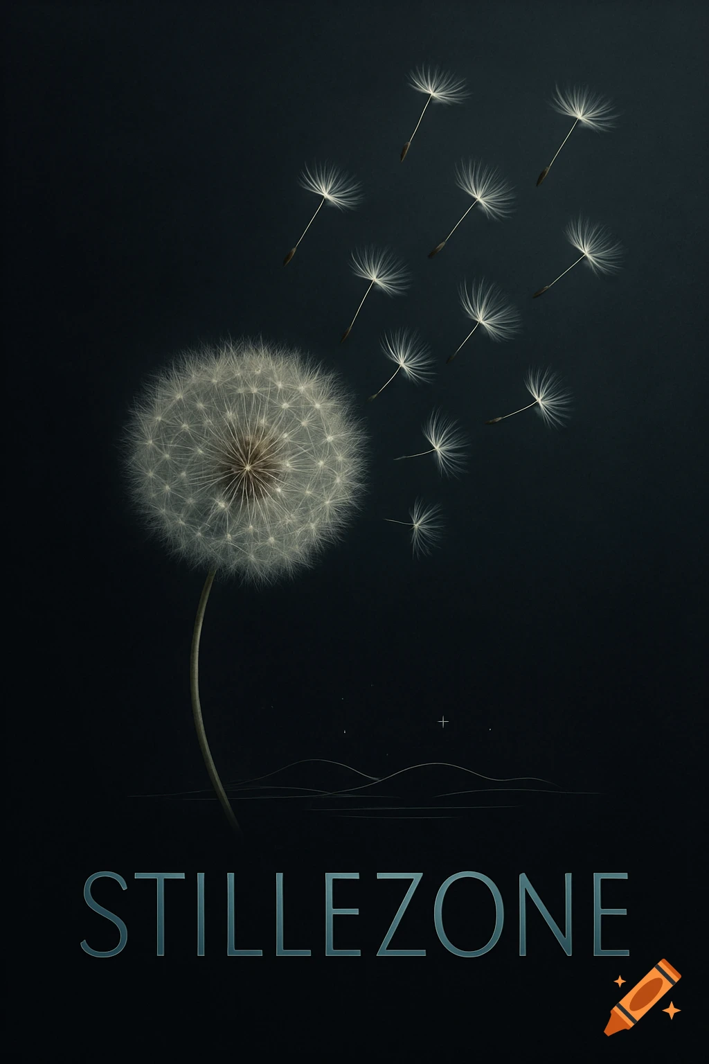 Photorealistic image of a dandelion with seeds blowing upwards, on a dark background, with the word STILLEZONE.