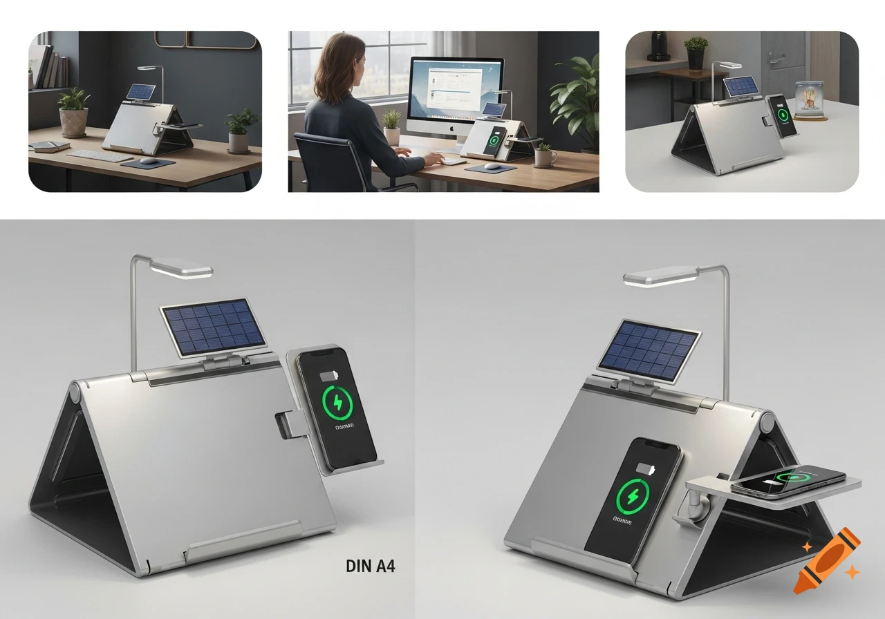 A silver foldable portable workstation with a desk lamp, solar panel, and wireless charging phone holder, shown in various desk setups.