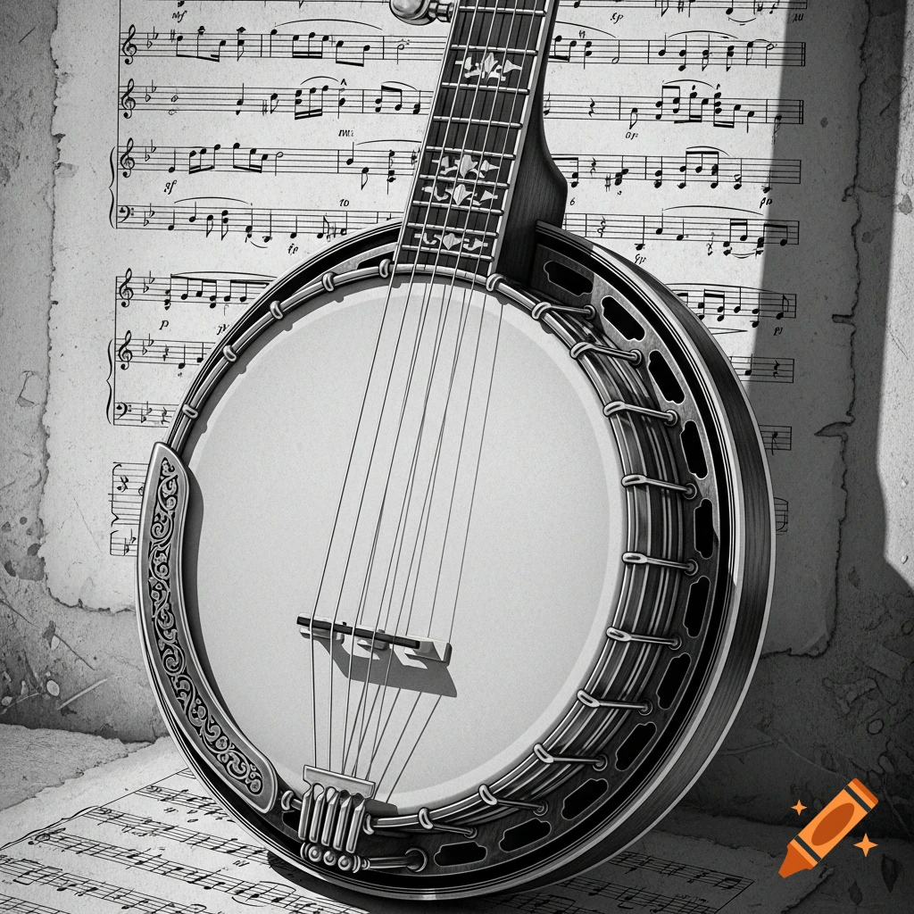 A close-up, black and white illustration of a vintage banjo with detailed fretwork, leaning against a wall covered in sheet music.