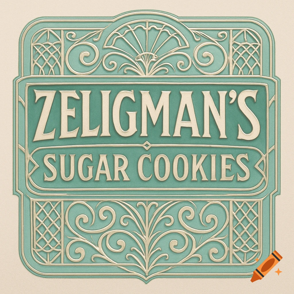 Art Deco style logo for 'Zeligman's Sugar Cookies' in mint green and cream.
