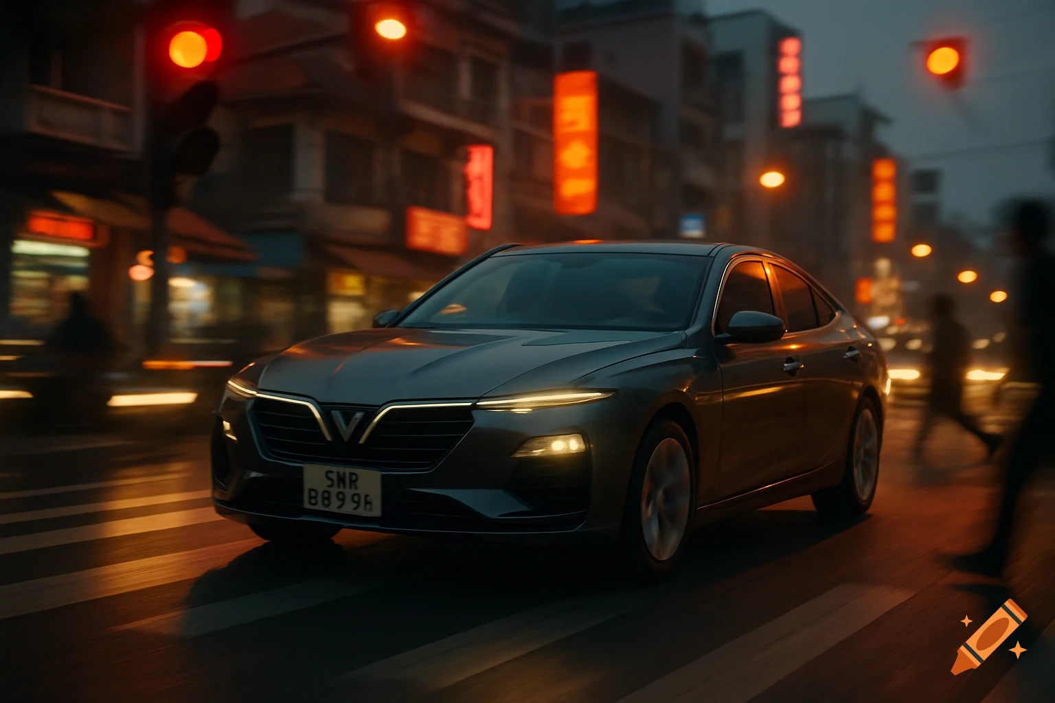 A dark gray car with its headlights on drives on a city street at night, with blurred red and orange signs in the background.