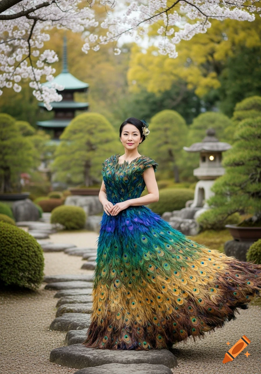 A Japanese woman in a vibrant blue, green, and gold peacock feather dress stands in a Japanese garden with cherry blossoms and a pagoda.