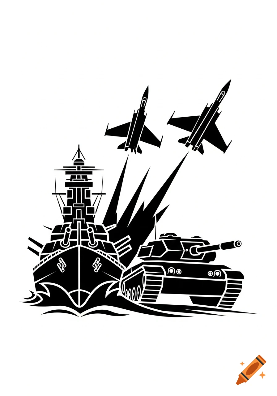Black vector silhouettes of a battleship, a tank, and two fighter jets in dynamic motion against a white background.