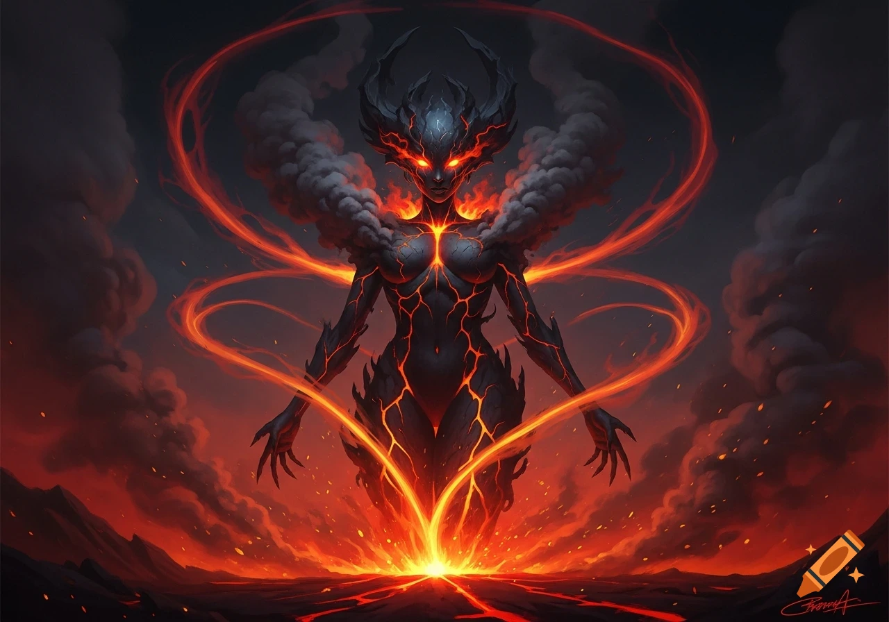 A towering demonic entity with cracked lava skin, glowing eyes, and a smoky, fiery aura stands in a volcanic landscape.