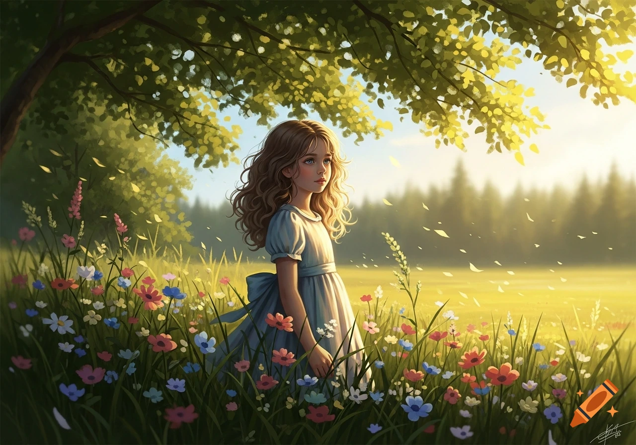 A young girl with wavy hair stands among colorful wildflowers under a sun-dappled tree, looking up.