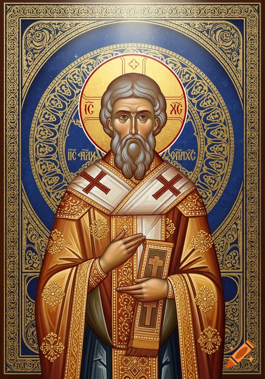 An Orthodox icon depicting a bearded saint in golden and white robes, holding a small book. He stands against an ornate blue and gold background, with a gold halo featuring text.