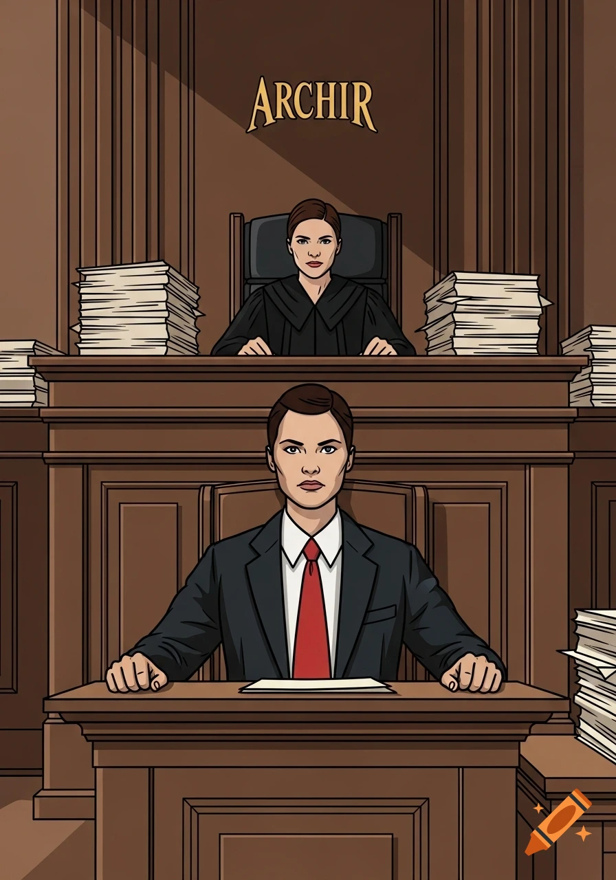 A man in a suit at a witness stand faces a judge in an Archer TV show style courtroom illustration.